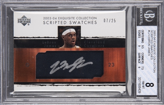 2003-04 UD "Exquisite Collection" Scripted Swatches #LJ LeBron James Signed Rookie Card (#07/25) – BGS NM-MT 8/BGS 10